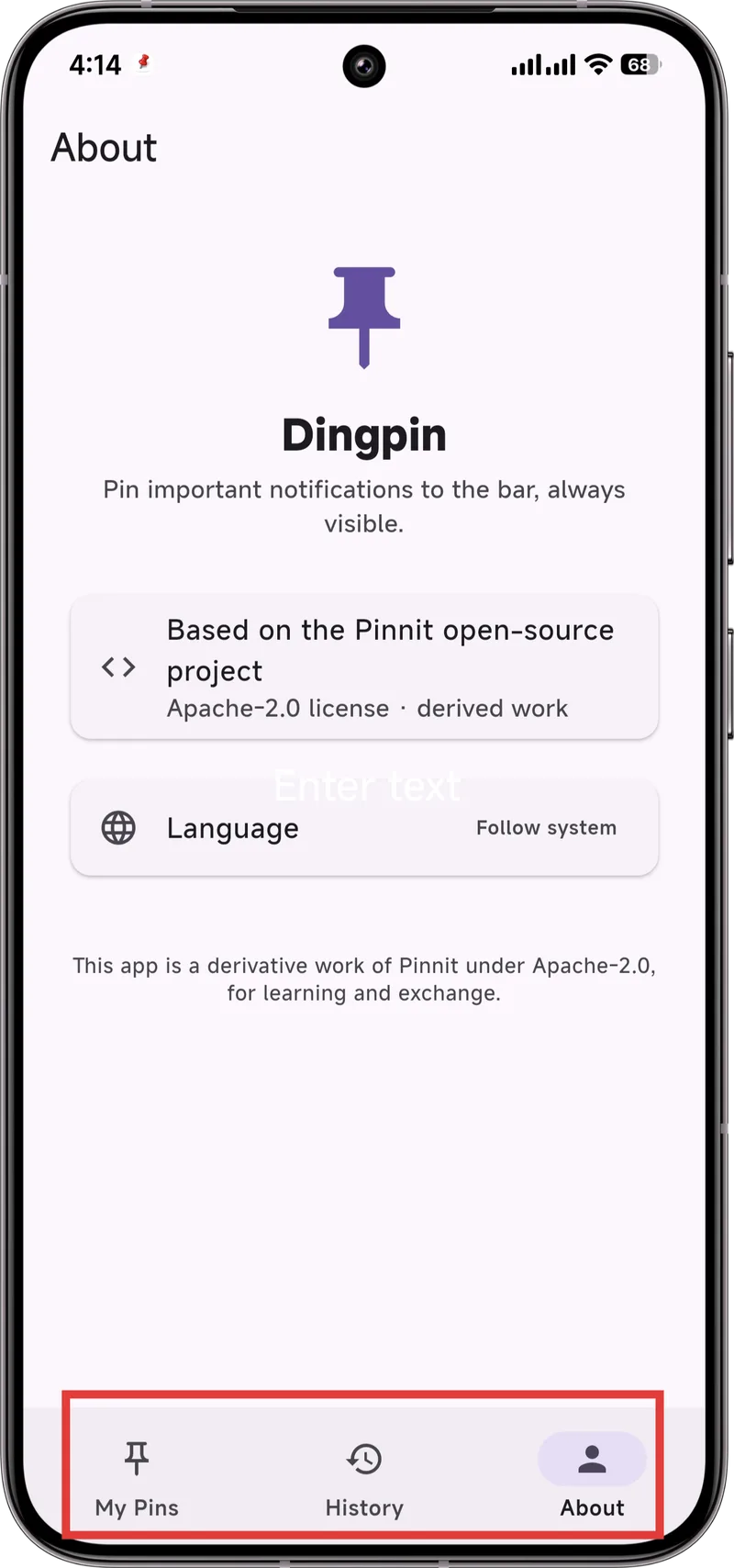 Dingpin's About screen shows three bottom tabs, language selection, and clear Apache-2.0 attribution as a derived work of Pinnit.