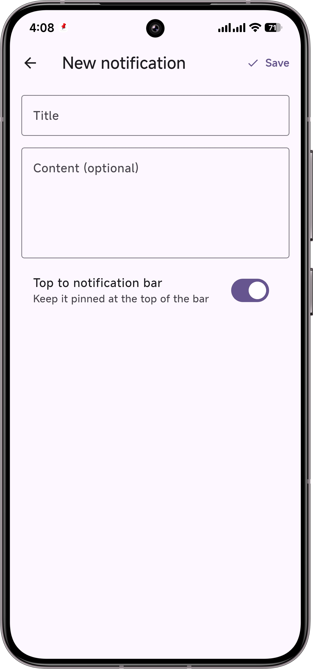 Dingpin's new notification editor with a title and a Top to notification bar toggle.