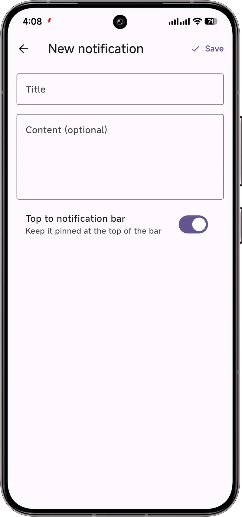 Dingpin's new notification editor with Title, Content, and a Top to notification bar toggle.