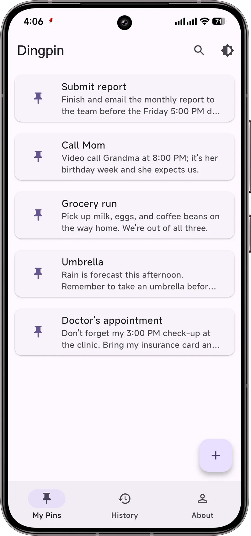 Dingpin keeps a pinned Android notification at the top of the list