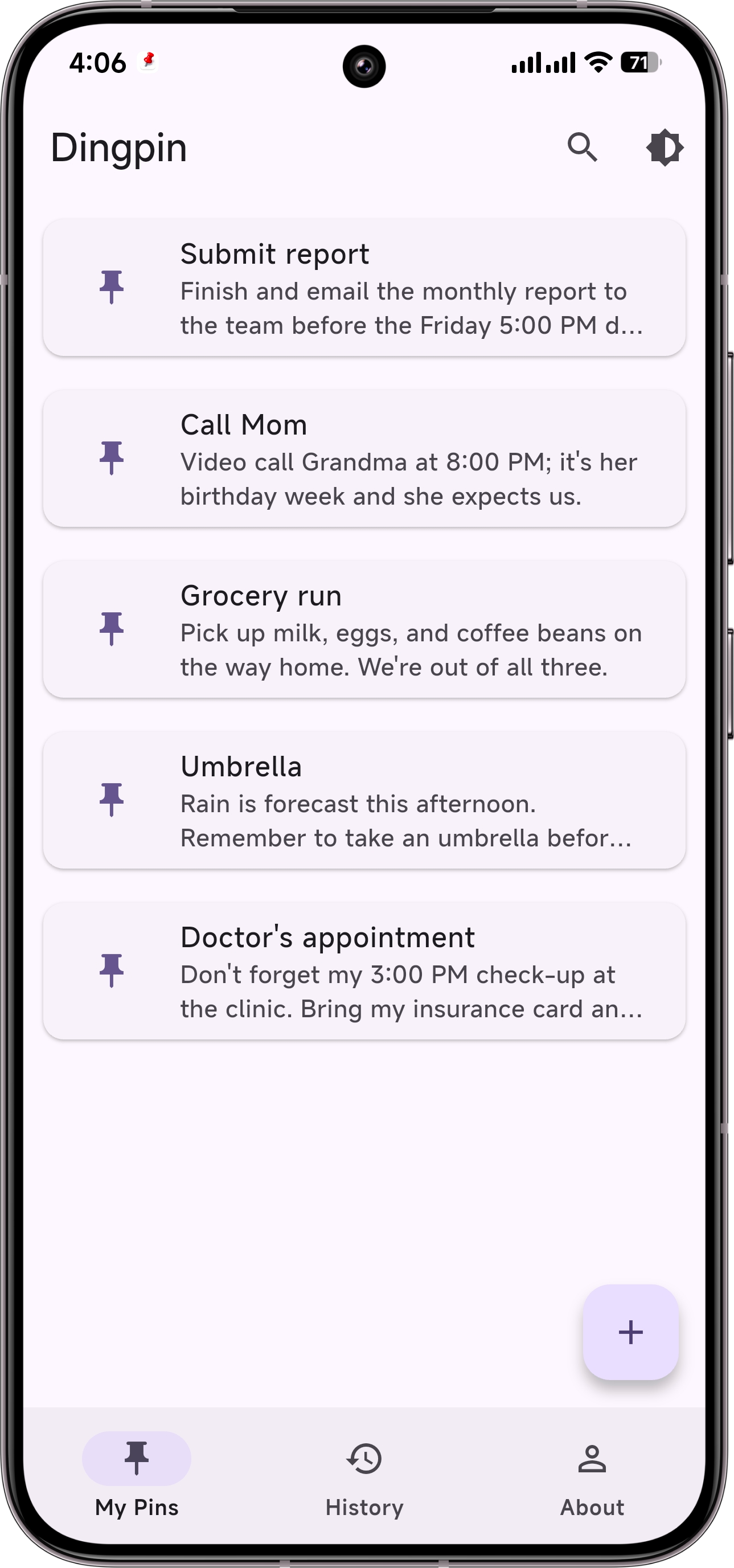 Dingpin Pinned list showing multiple pinned reminders