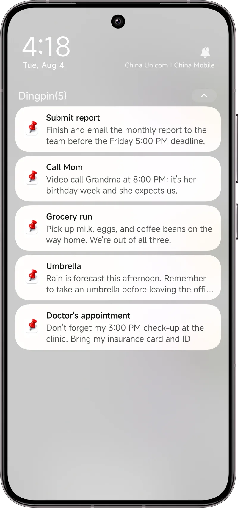 Dingpin notification pinned at the top of the Android shade