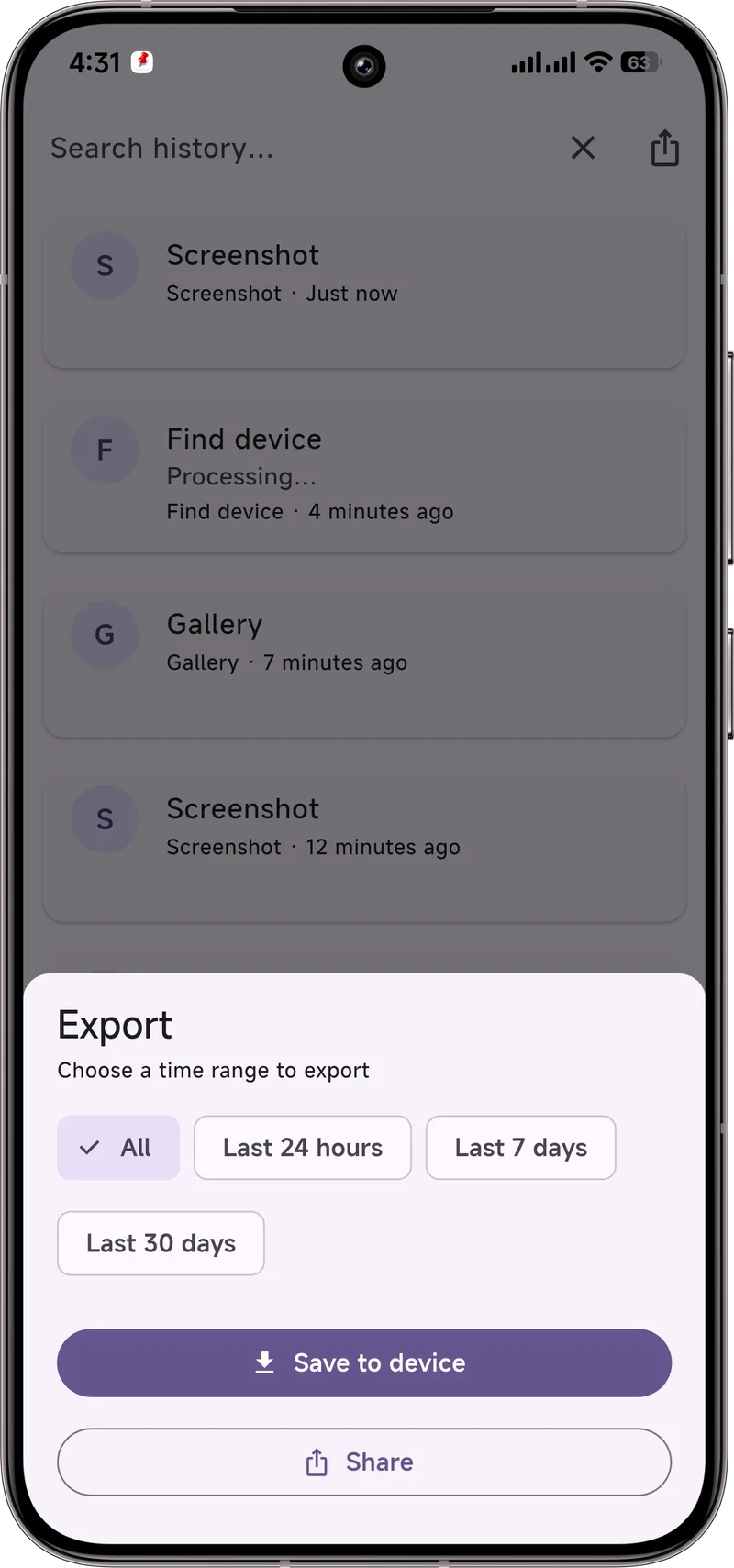 Dingpin export dialog with time range options