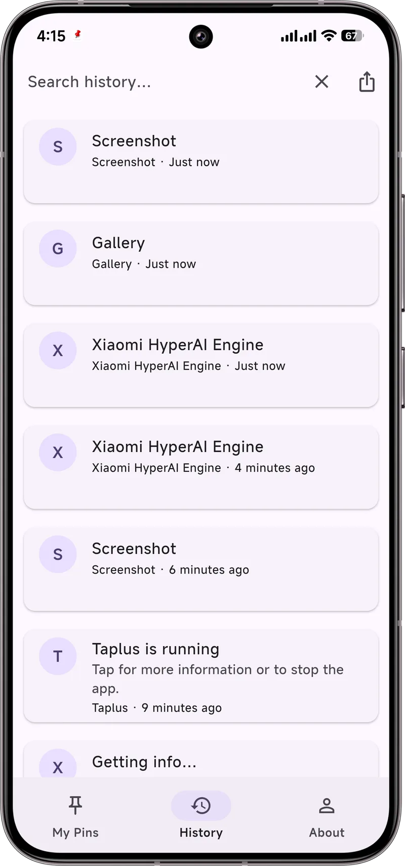 Dingpin History tab showing captured notifications