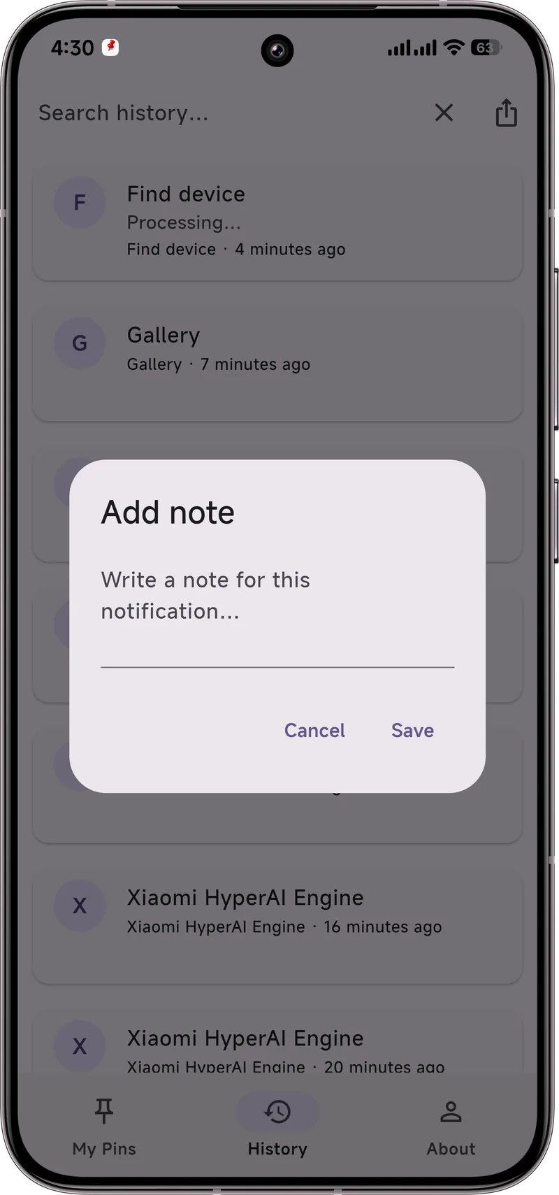 Add note dialog for a notification in Dingpin